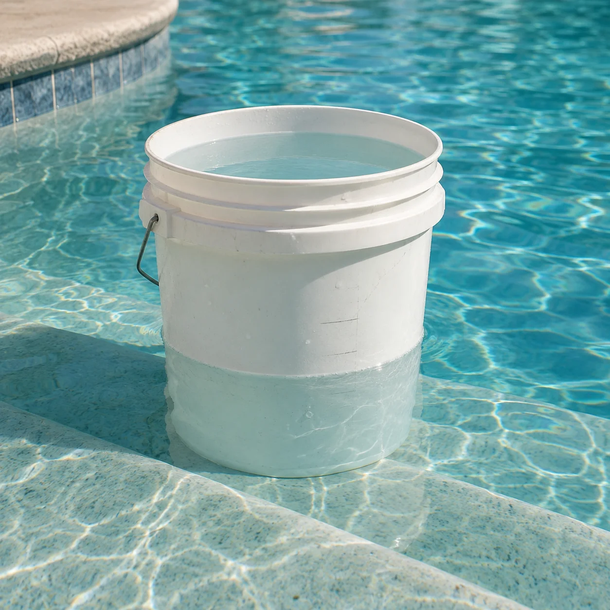 A water-filled bucket standing on a shallow pool step for an evaporation comparison