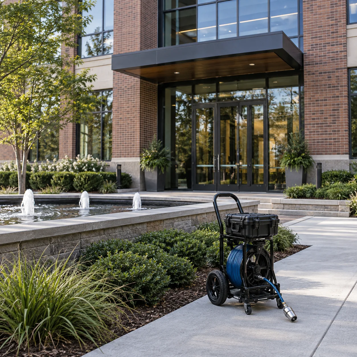 Landscaped entrance to a contemporary commercial office building