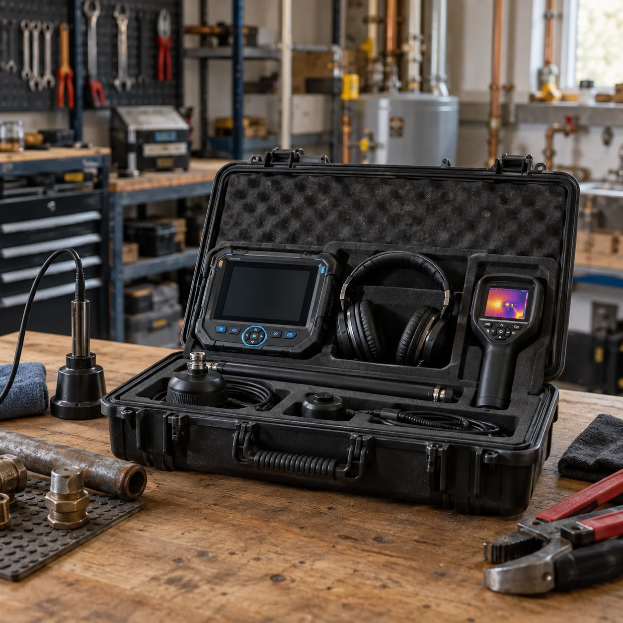 Acoustic and thermal leak detection equipment in a protective case
