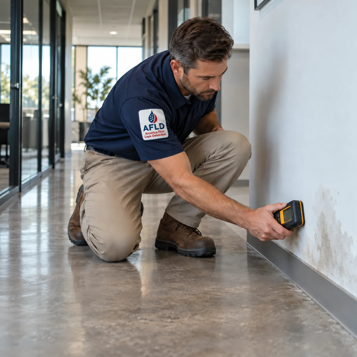 AFLD technician measuring moisture along a commercial corridor wall