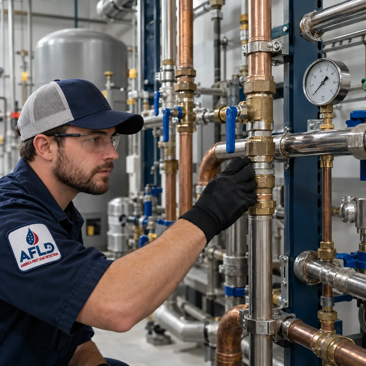 AFLD technician inspecting water lines and isolation valves in a mechanical room