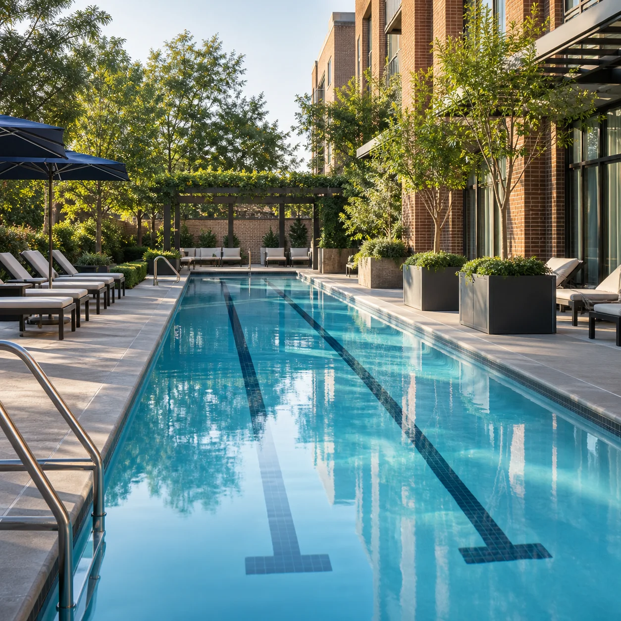 Commercial swimming pool with stainless handrails and landscaped surroundings