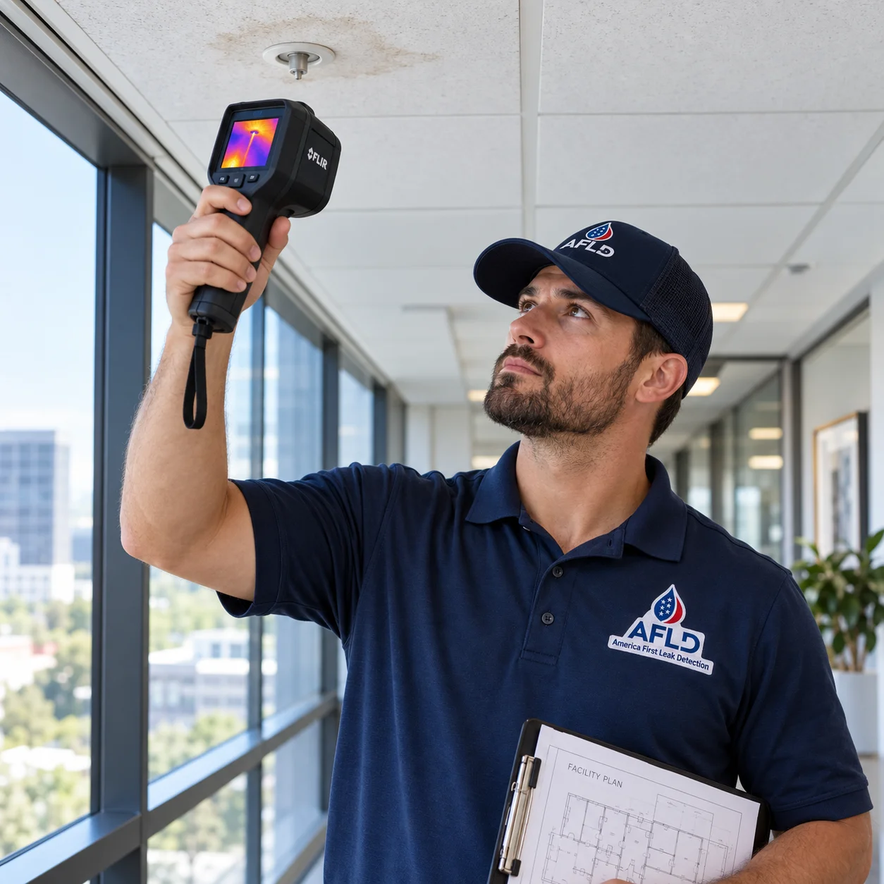 AFLD technician reviewing moisture observations inside a commercial building below the roof