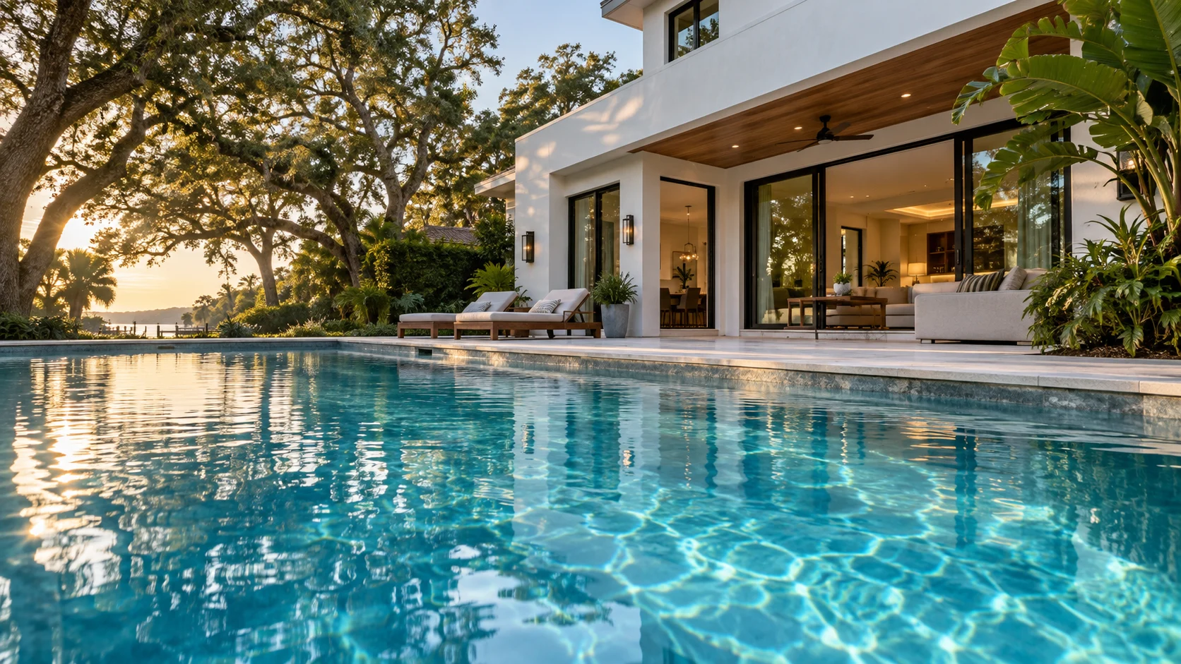 Clear pool water beside a sunlit contemporary American home