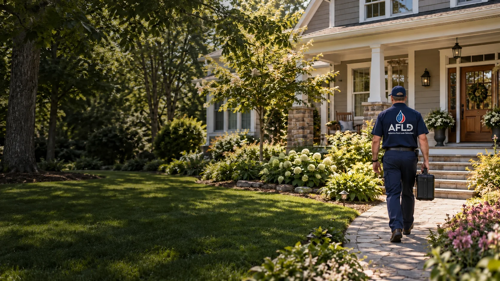 Leak detection technician approaching a welcoming American home