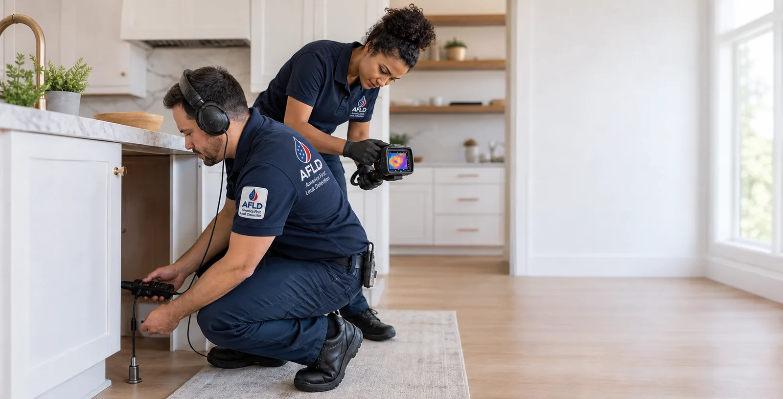Technicians investigating a concealed plumbing leak