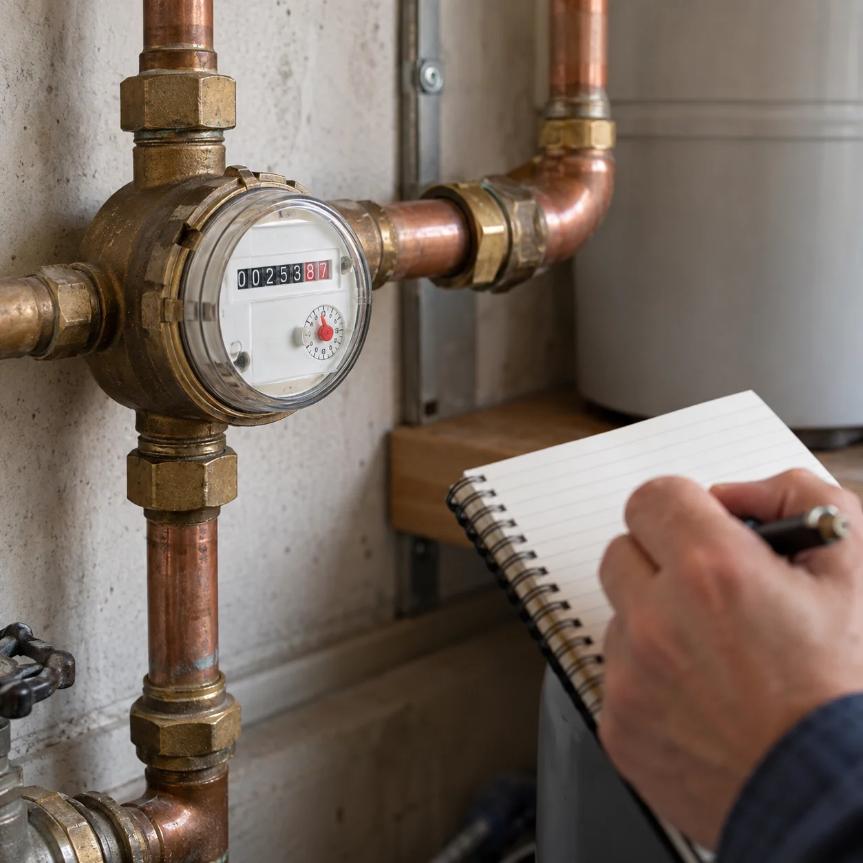 A brass residential water meter and notebook used to record a water reading