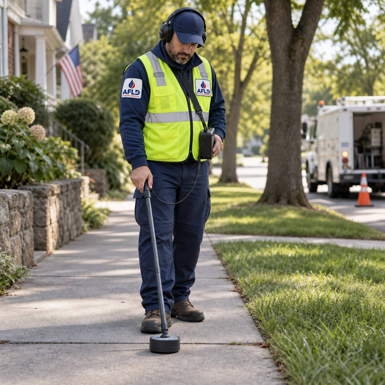 AFLD technician conducting an acoustic water line survey on a neighborhood sidewalk