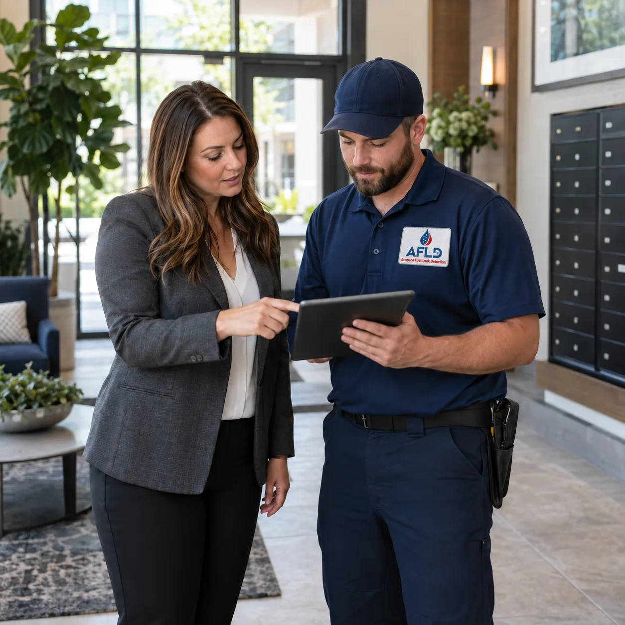 Property manager reviewing inspection details with an AFLD technician