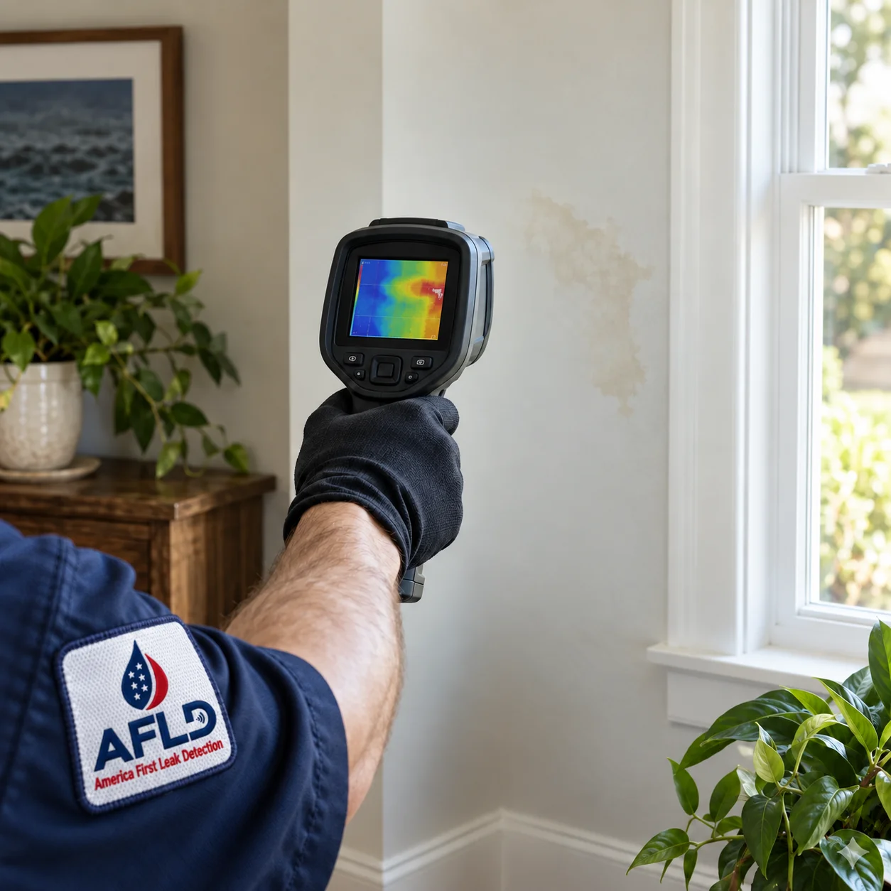 AFLD technician using a thermal camera to investigate interior moisture
