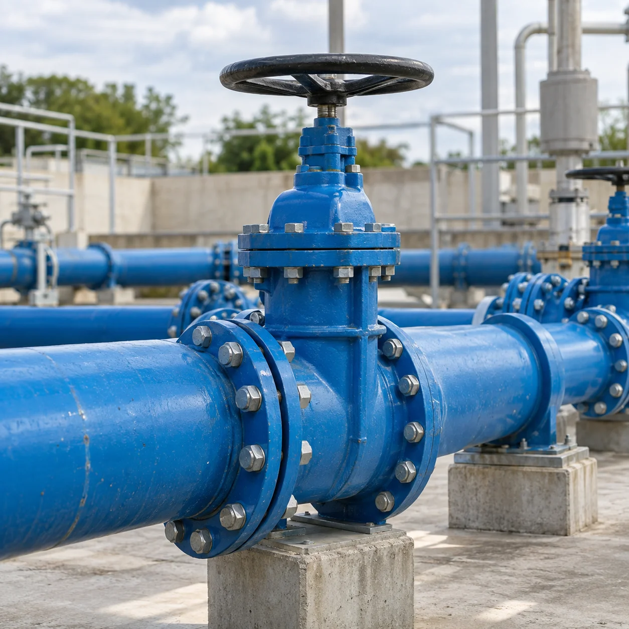 Blue water main and gate valve at a water distribution facility